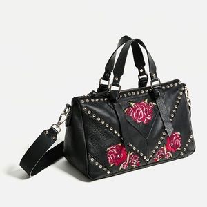 Zara Leather Embroidered Studded Handbag